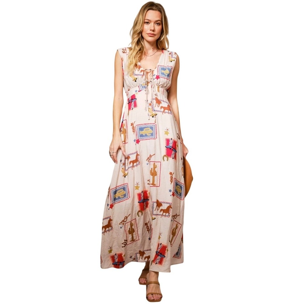Blue B Collection Western Motif Maxi Dress Pink Horse Cactus Novelty 33111D Sz S